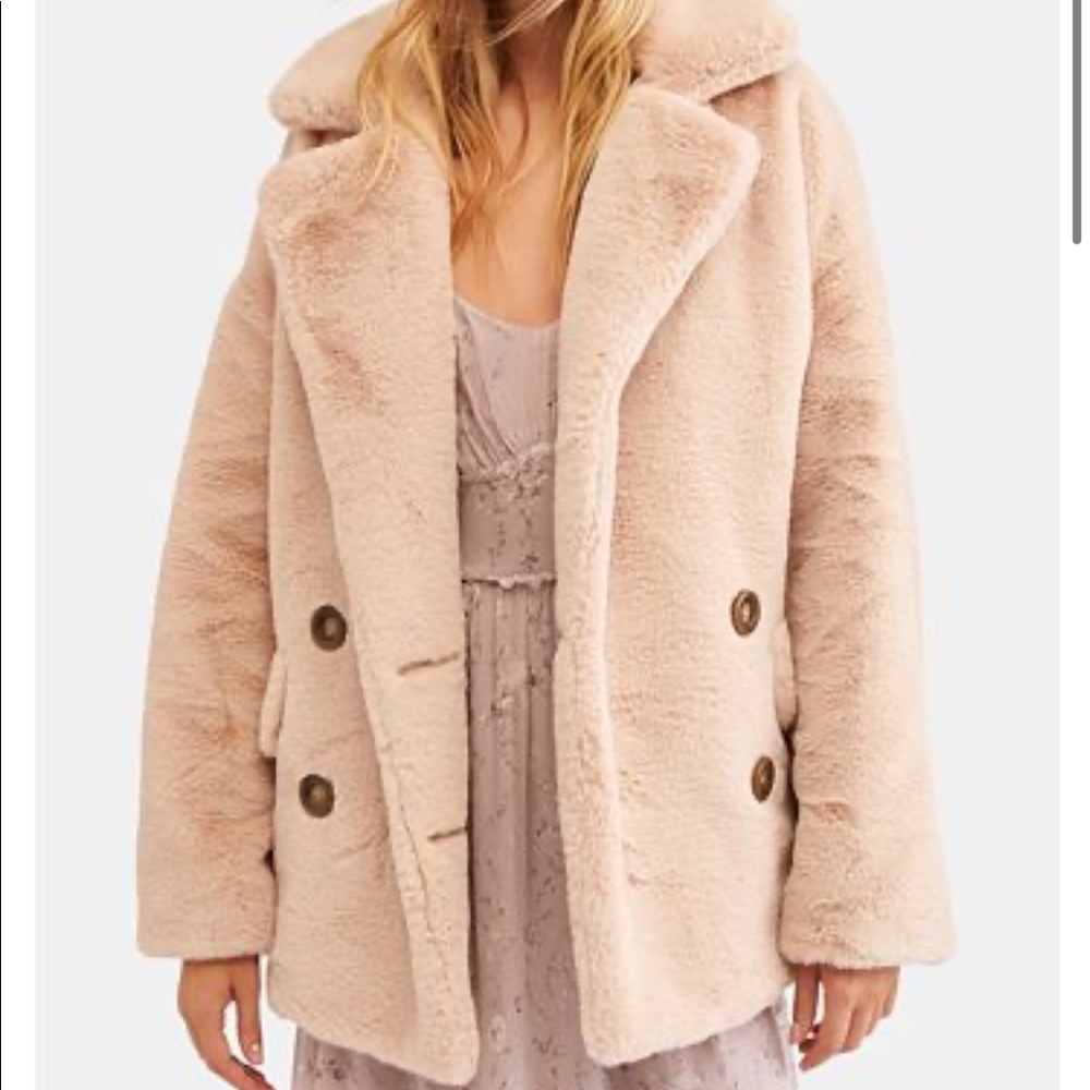 Free People Faux-Fur Double Breasted Jacket Tan